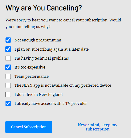 select the reason for canceling