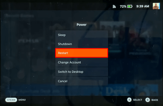 Select Restart option to Restart Steam Deck 