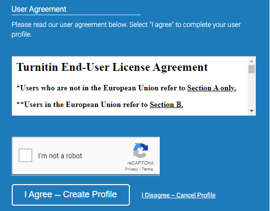 click the I Agree — Create Profile button to Get a Free Trial on Turnitin