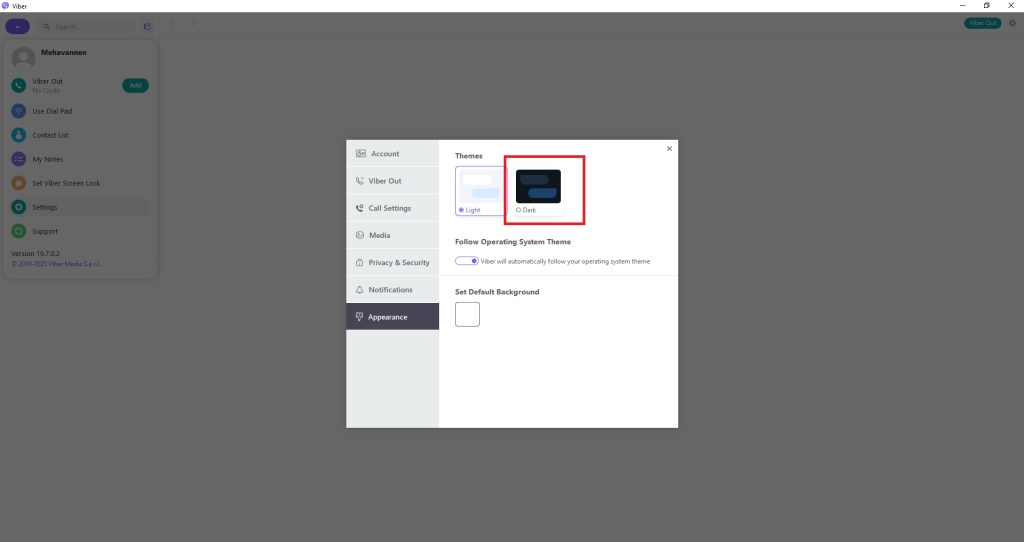 Choose the Dark theme on Viber