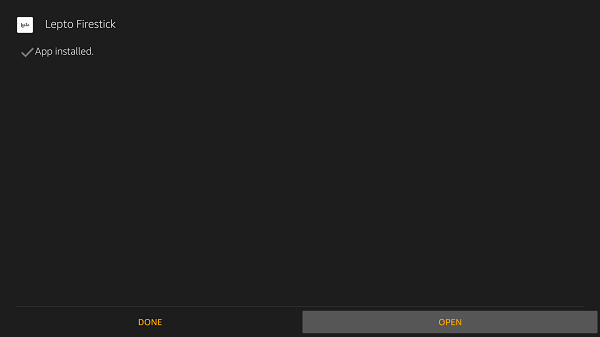 Click Open to access the Lepto Sports app on Firestick