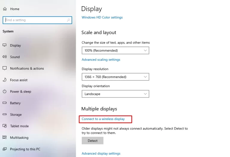 Click Connect to a wireless display