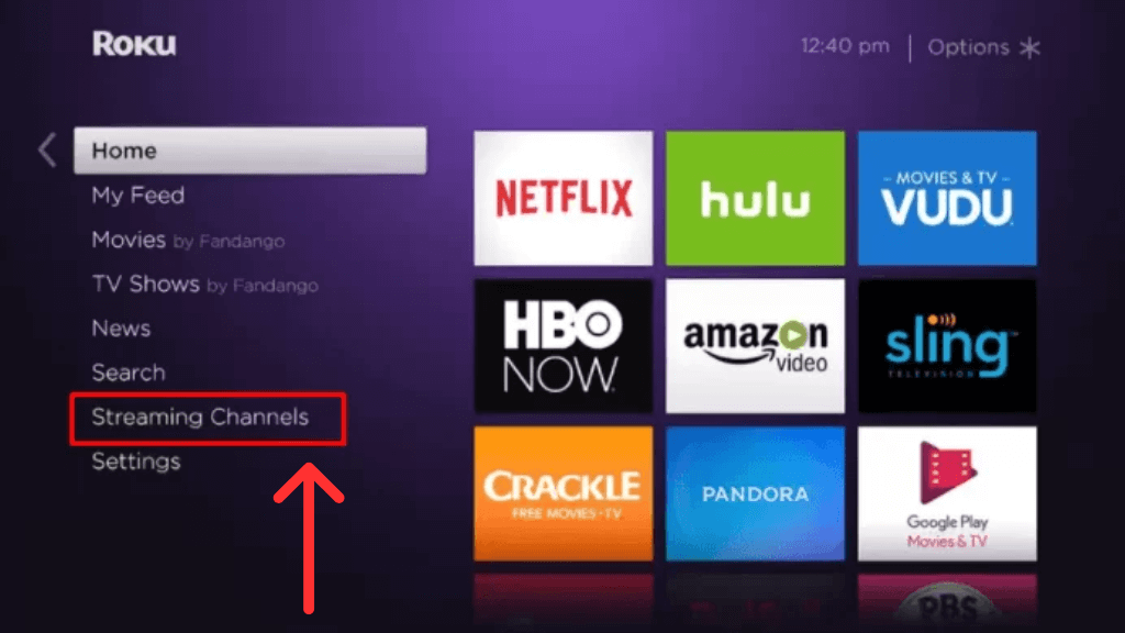 click on the Streaming channels option on Roku TV