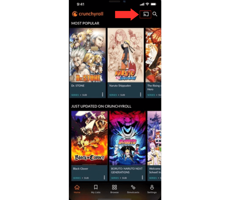 click the cast icon on Crunchyroll app