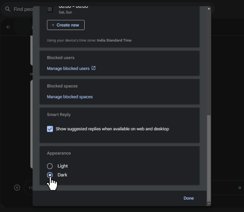 Select the Dark mode on Google Chat