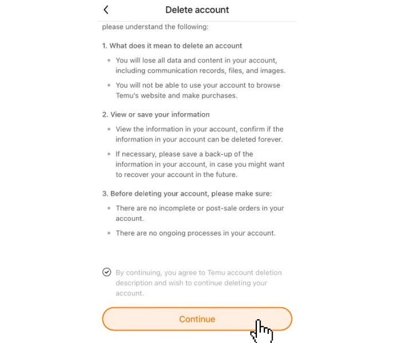 Delete-temu-account-Continue
