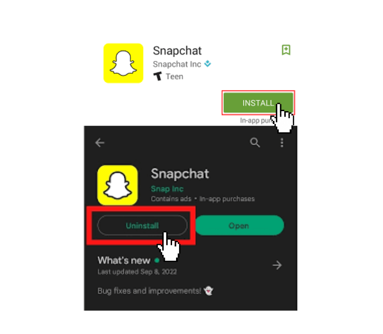 Restart Snapchat- uninstall or install Snapchat