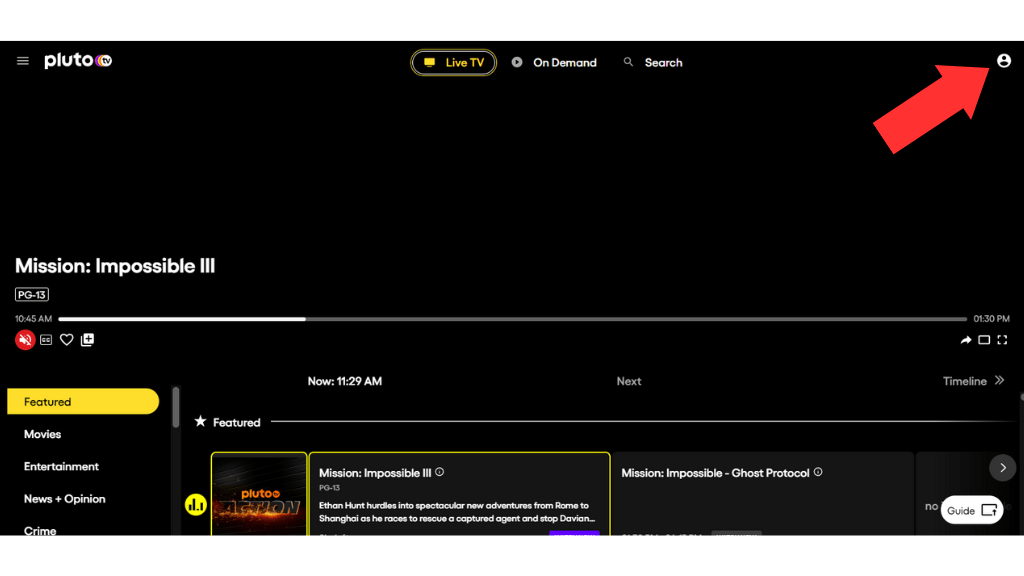 Click on the profile icon on PlutoTV site