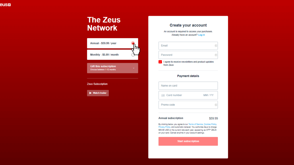 Choose the Zeus subscription