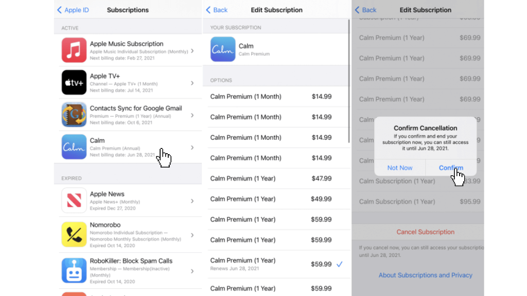 cancel calm subscription on iPhone