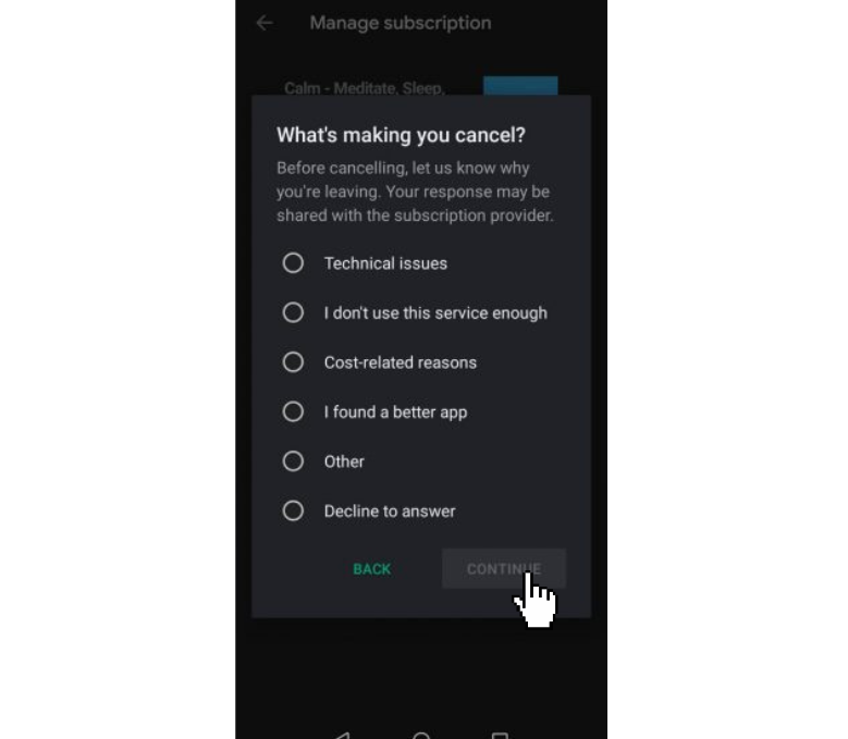 cancel calm subscription- select the reason for cancel