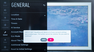 Click OK to reset LG TV to clear cache