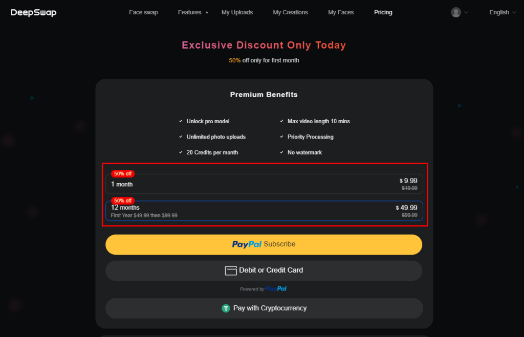 Since no free trial on DeepSwap select the plan.