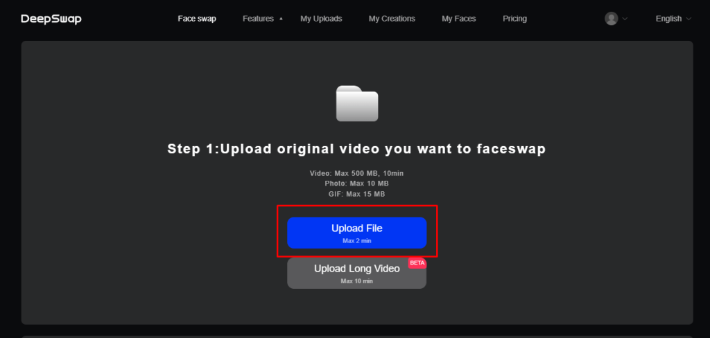 No free trial on DeepSwap. So get subscription to upload file.