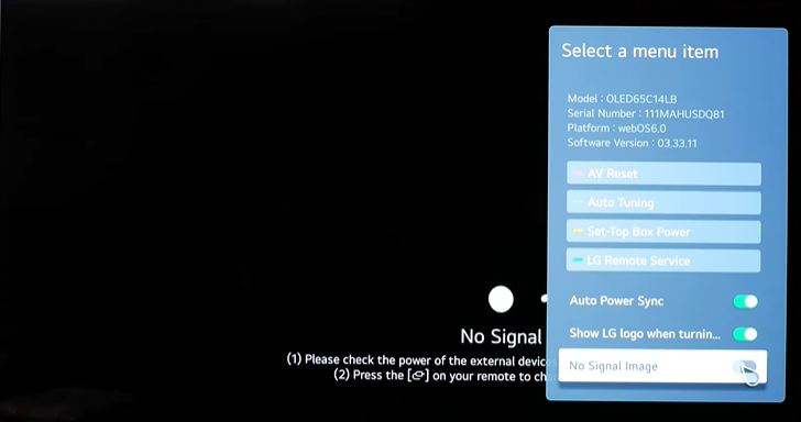 Disable No Signal Image to turn off gallery mode on LG TV