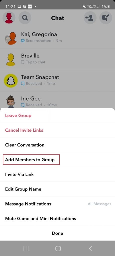 Add members to Group Chat on Snapchat