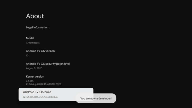 Tap the Android TV OS build option