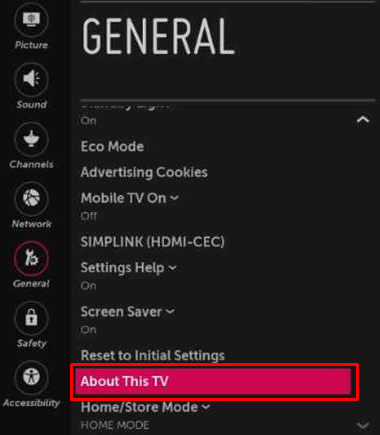 Click on the About This TV on LG TV.