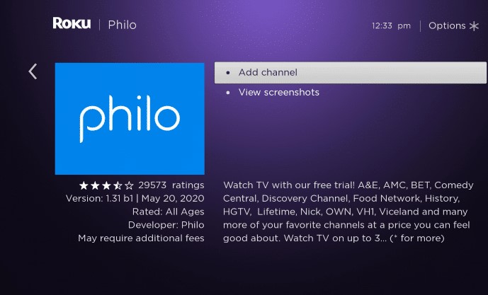 Click Add Channel to add Philo on Roku
