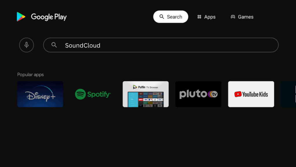 Search for the SoundCloud application on Android TV