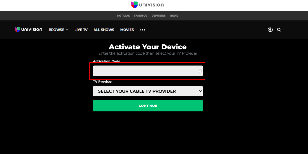 Enter the code to get Univision Now free trial.
