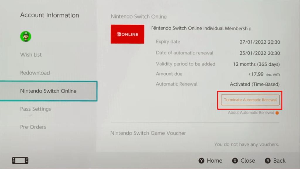 Cancel Nintendo Switch Online: Select the Terminate Automatic Renewal