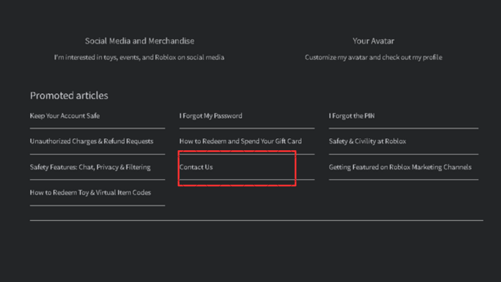 How to Change Birthday on Roblox: Click on the Contact Us option