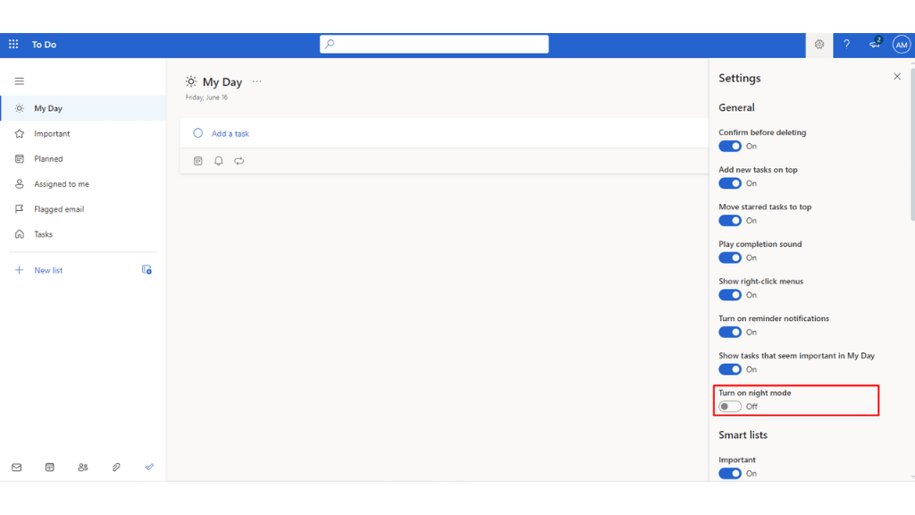 Microsoft To Do Dark Mode: Turn on the night mode