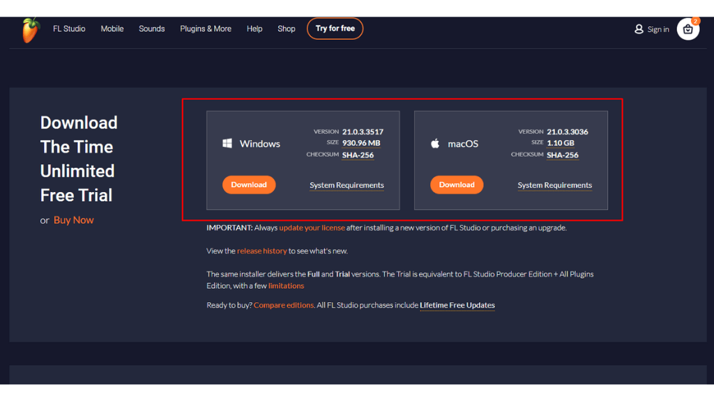 FL Studio Free trial: Select the required download file