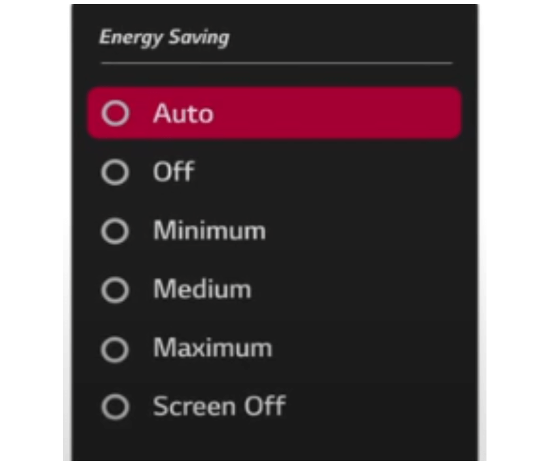 LG TV energy saving mode: Select the required energy saving option