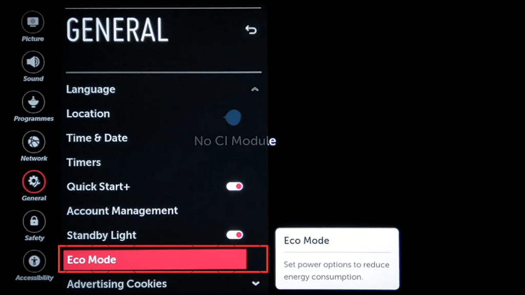 LG TV energy saving mode: Tap on the Eco mode option