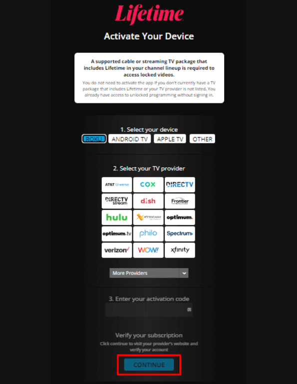 Lifetime on Roku; Tap on the Continue button