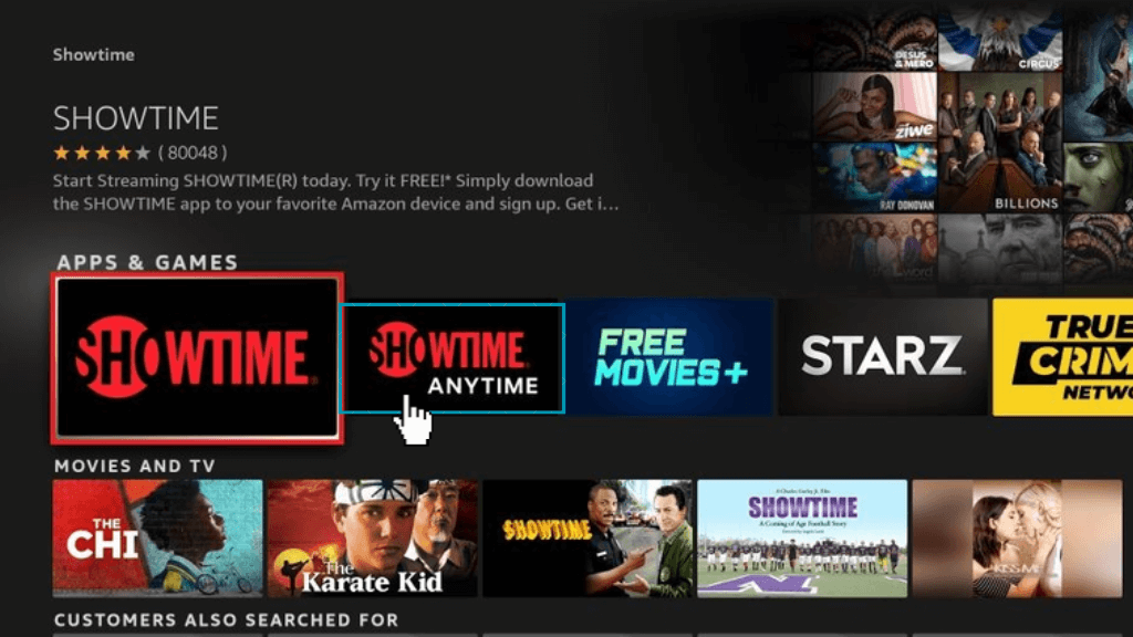 Select the SHOWTIME Anytime  application on Fire Stick