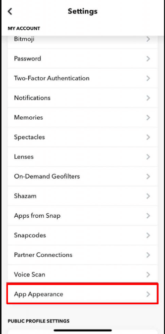 Tap on the Appearance option under My Accounts