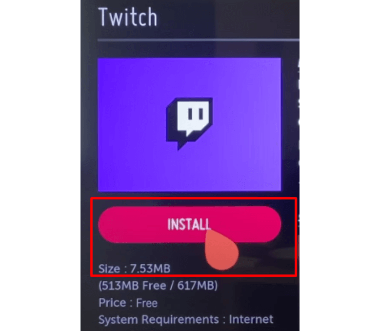 Twitch on LG TV: Tap on the Install button
