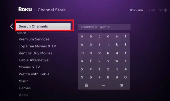 Click on Search Channels to stream USA Network on Roku
