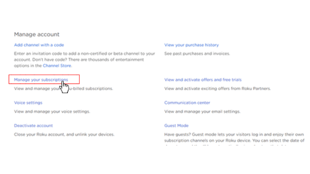 Tap on manage your subscription on Roku website