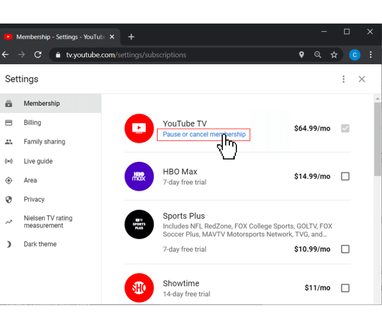 Select pause or cancel membership near YouTube TV.