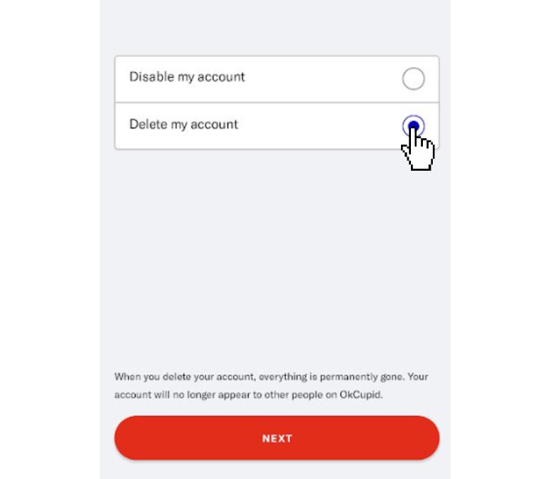 Click on the delete my account on OkCupid