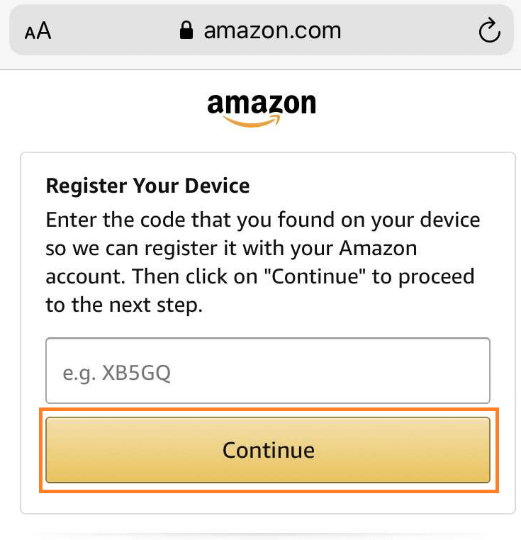 Enter the code and click continue to activate Amazon Music on your Roku