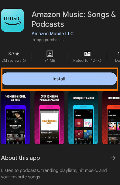 Click install button to download Amazon music  app