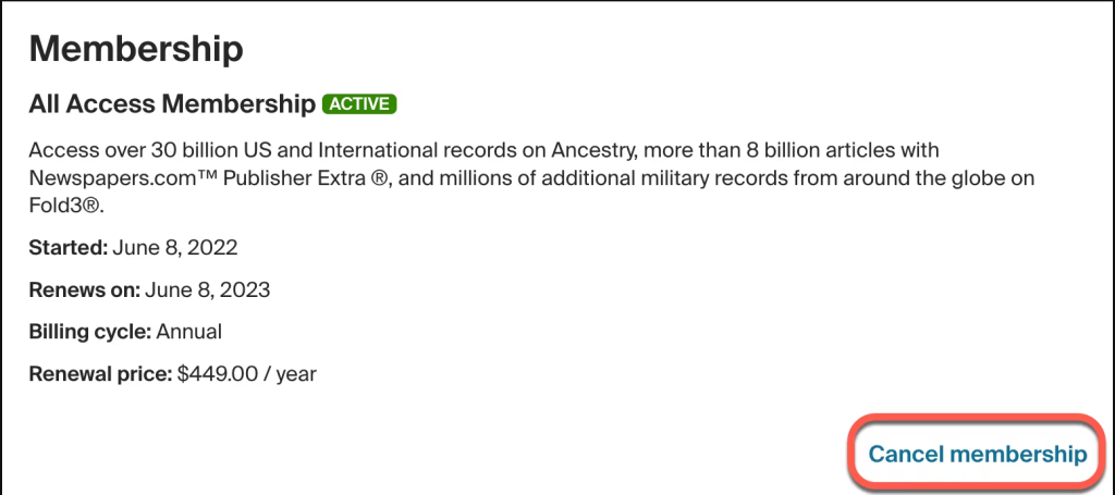 Hit the Cancel membership option on Ancestry website