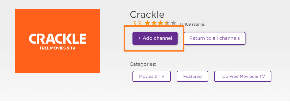 Click on + Add channel to install Crackle on Roku