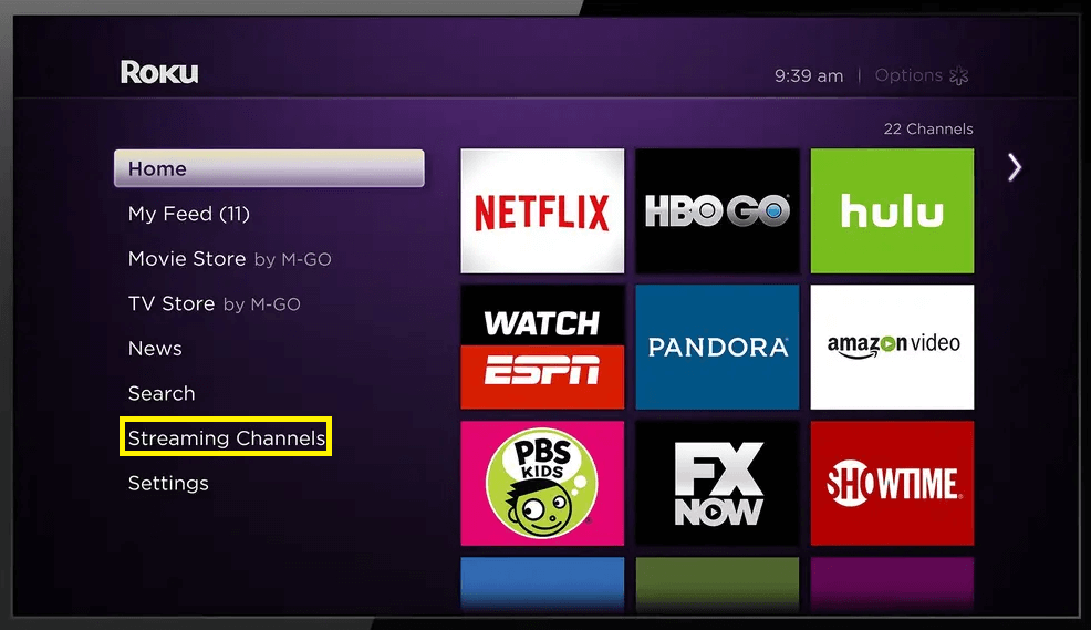 Streaming Channels option on Roku