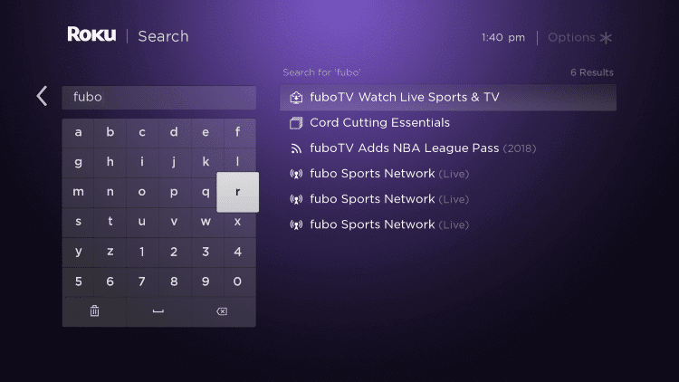 Search for the fuboTV app on Roku