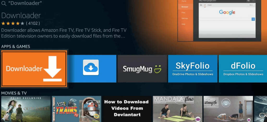 Downloader option on Firestick to sideload HGTV GO