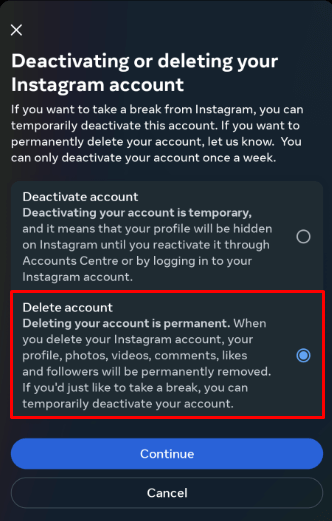 Click on Delete account to delete your Threads account 