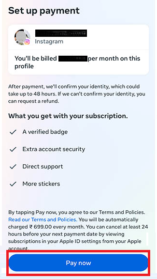 Click Pay now to get Verified on Threads