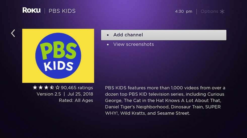 Hit Add Channel option to add PBS Kids on Roku