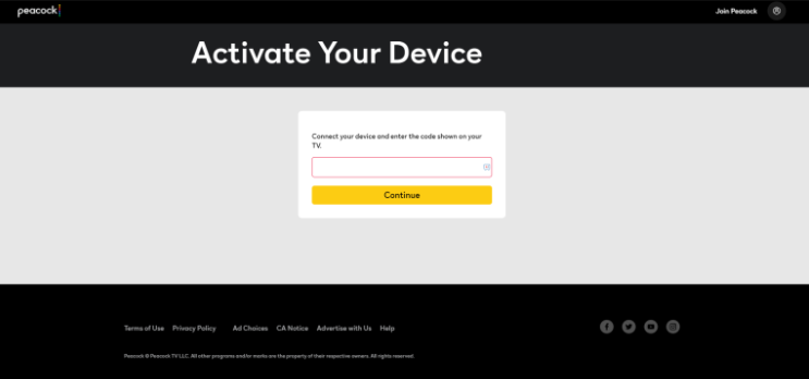 Click on Continue option on Peacock TV activation website
